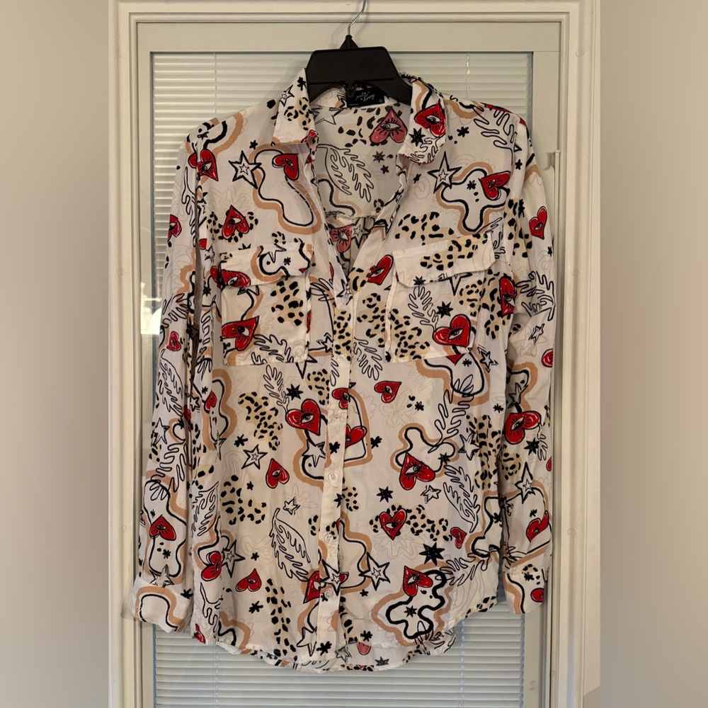 Milk & Honey Abstract Heart Animal Print Button-Down Blouse Top Medium